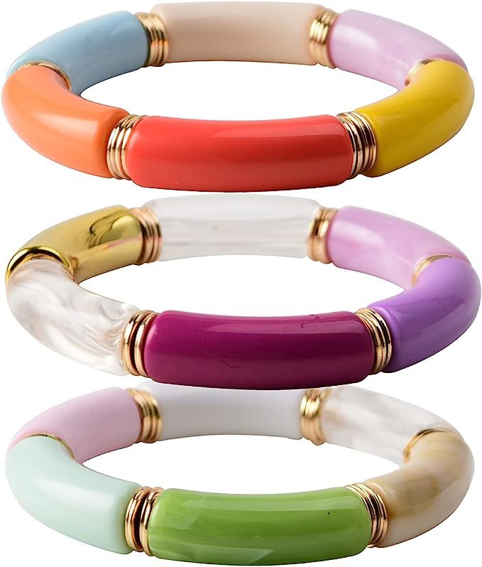 Bamboo Tube Bangles Bracelet Chunky Curved Stacking Clear Acrylic Colorful Beads Stretchable Frie... | Amazon (US)