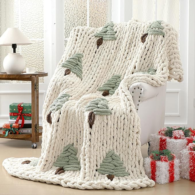 Chunky Knit Throw Blanket Large 50" X 60" 100% Handmade Cream Chenille Loop Yarn Fluffy Soft Knit... | Amazon (US)