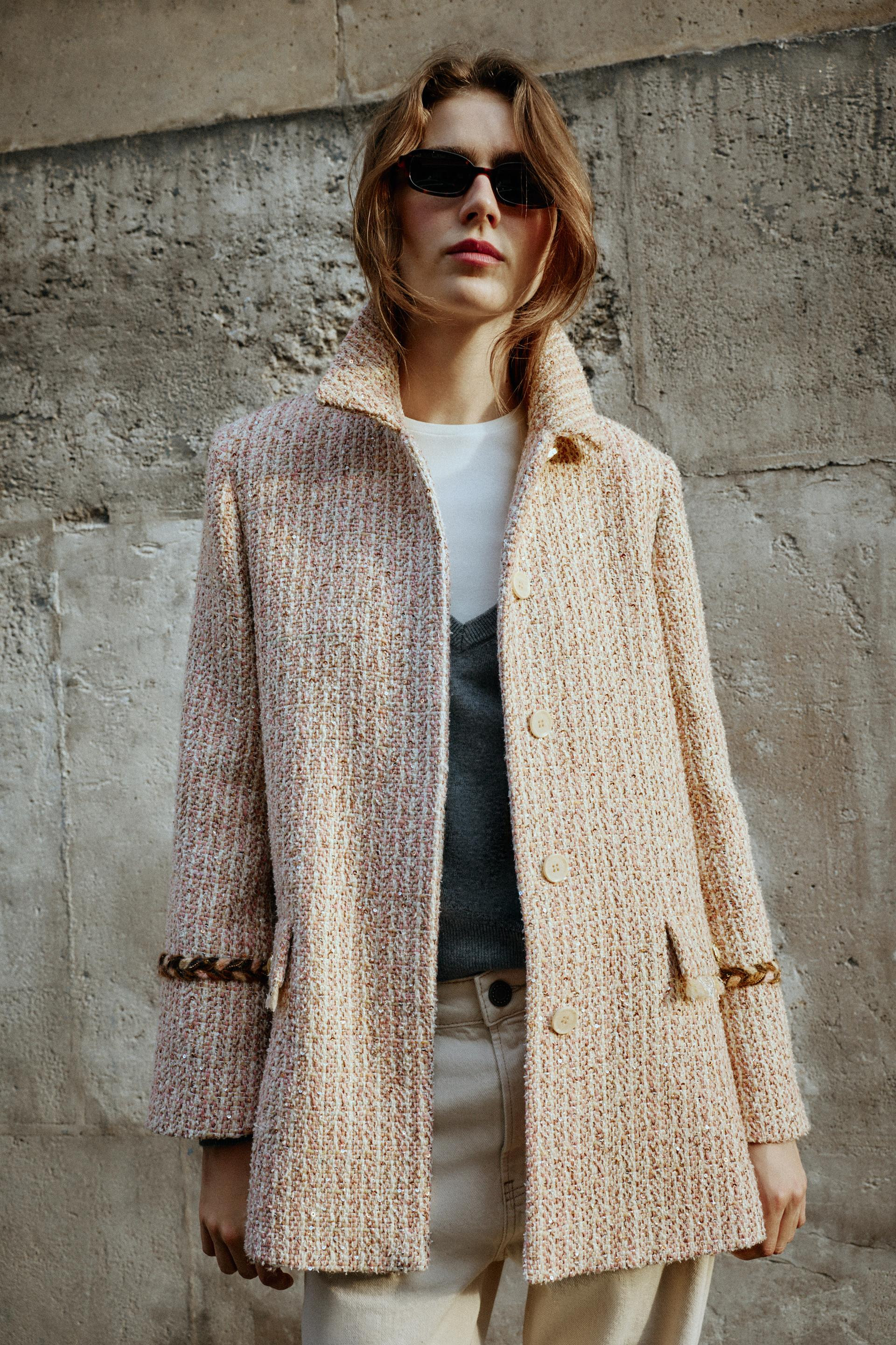 Zara - Sequinned Structured Coat - Pink - M - Woman | Zara US