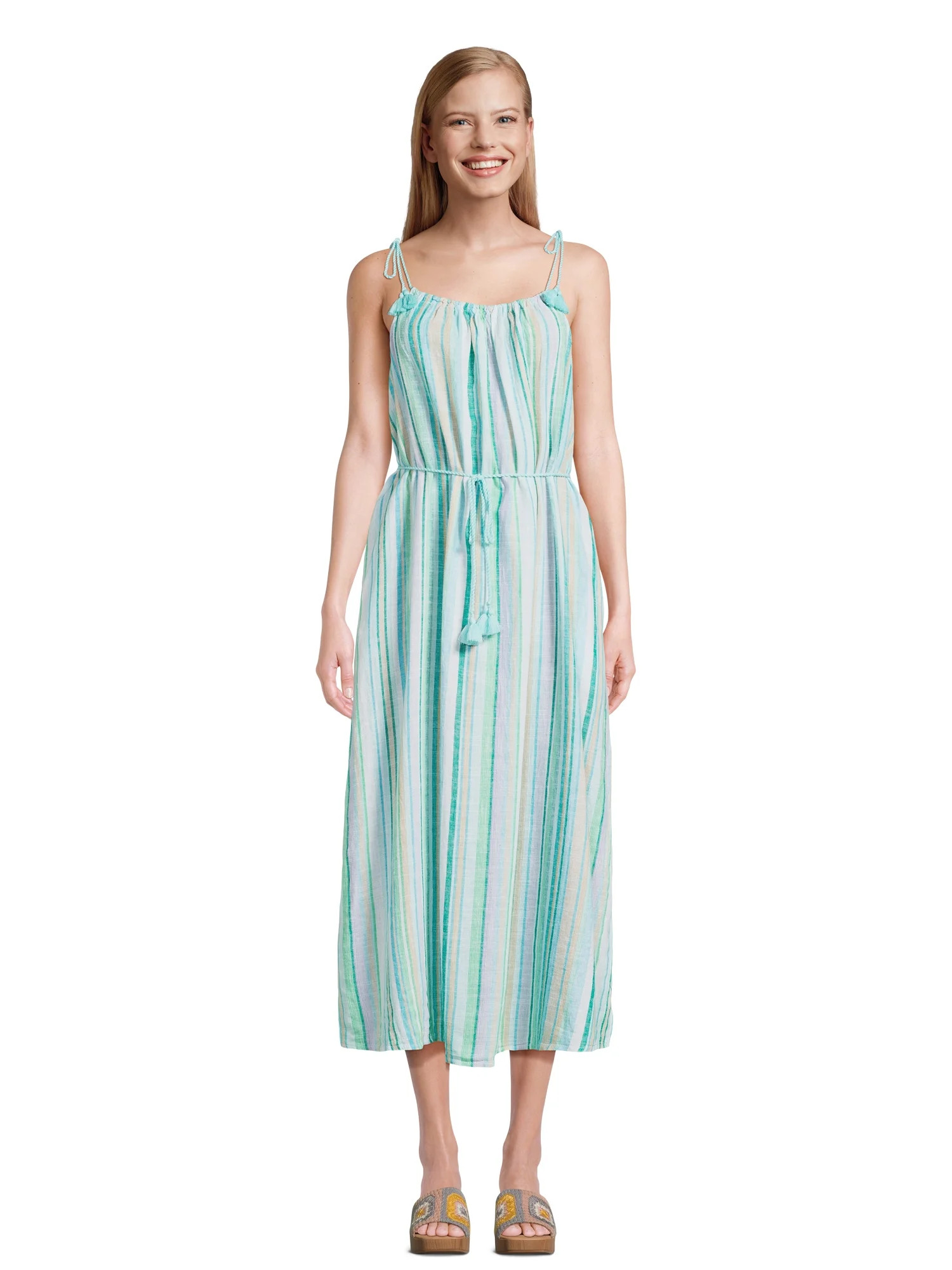 Time and Tru Women's Tie Shoulder Midi Dress, Sizes XS-XXXL - Walmart.com | Walmart (US)