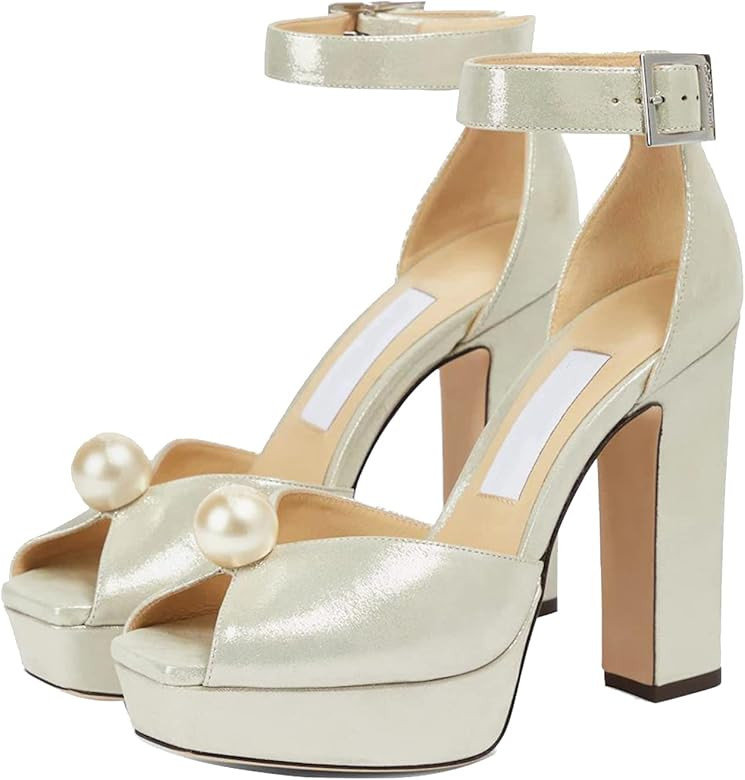 Goolita Womens Satin Open Toe Pearl Platform Heels For Women Chunky Buckle Ankle Strap Wedding He... | Amazon (US)