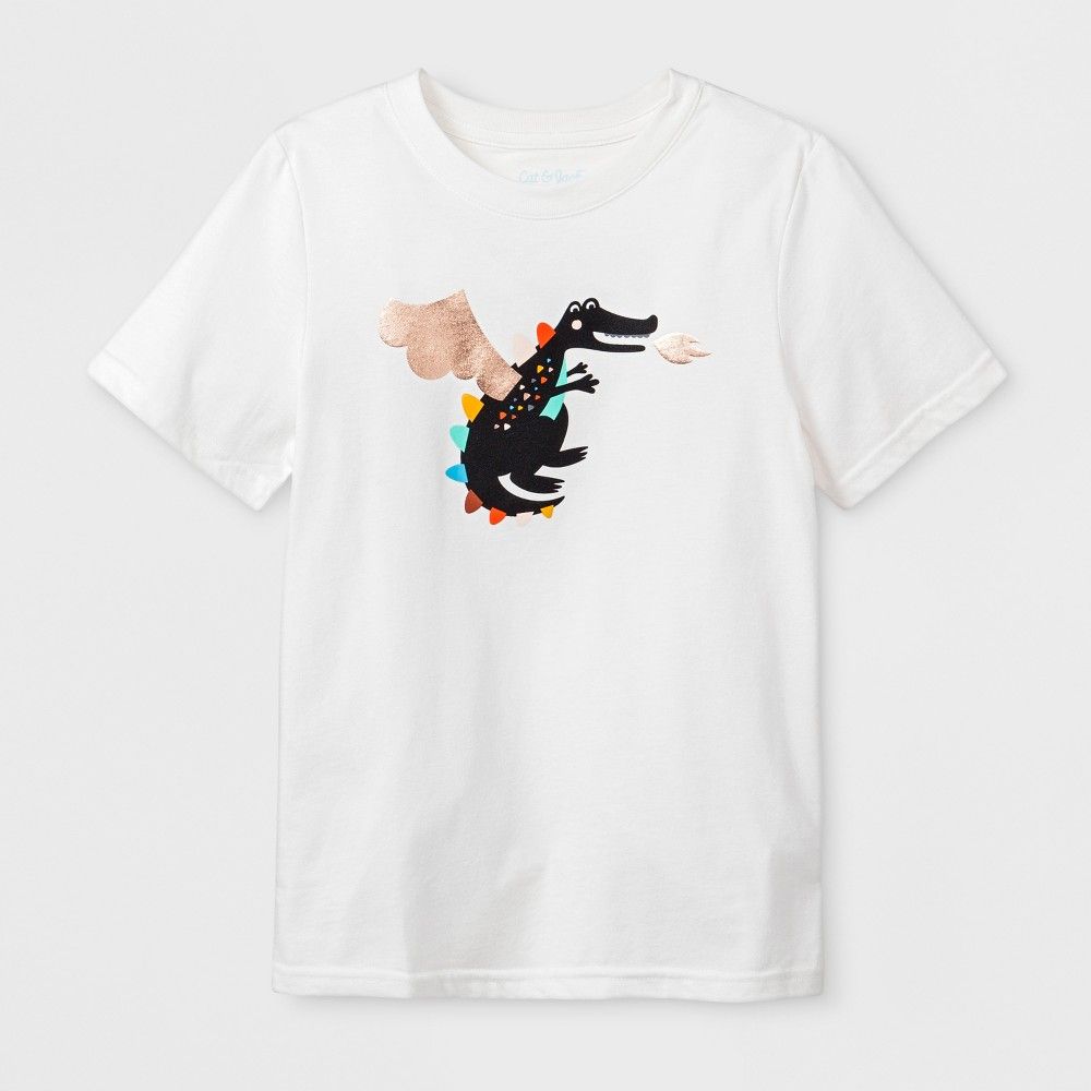 Kids' Short Sleeve Dragon Graphic T-Shirt - Cat & Jack Almond Cream XL, Kids Unisex, Yellow | Target
