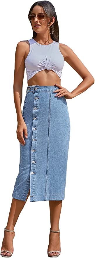 SweatyRocks Women's High Rise Button Front Jean Skirt Split Hem Solid Long Denim Pencil Skirts | Amazon (US)