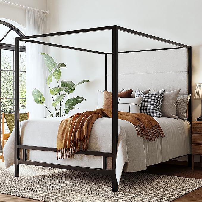 Merax King Size Metal Canopy Bed Frame, Modern Tall Upholstered Velvet Headboard, Black 4-Poster ... | Amazon (US)