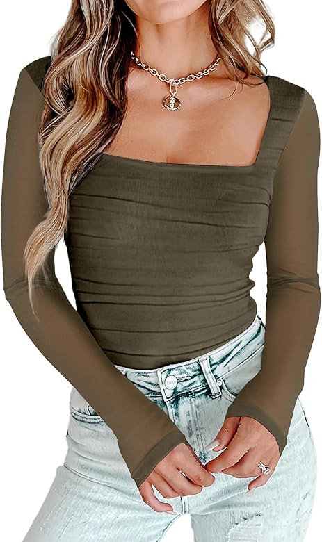 Women's Square Neck Mesh Bodysuit Tops, Long Sleeve Ruched Body Suit Leotard Shirts | Amazon (US)