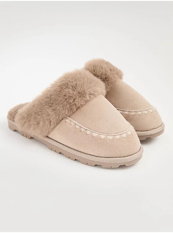Camel Suedette Faux Fur Trim Mule Slippers | George