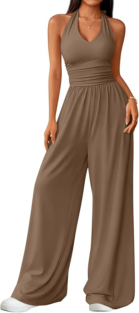 ZESICA Women's Summer 2026 Sleeveless Halter Neck Jumpsuits One Piece Wide Leg Jumper Rompers Bea... | Amazon (US)