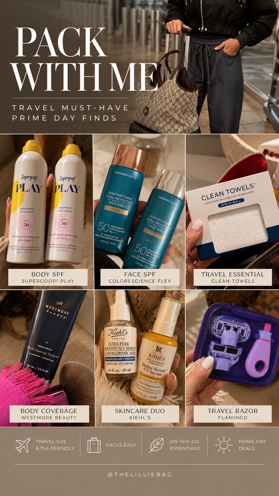 Prime Day = the time to stock up on the travel essentials I actually pack + use 🙌🏼✈️ Supergoop! PLAY, Colorescience Flex, Clean Towels, Westmore Beauty, Kiehl’s + my Flamingo travel razor are all in the Prime Day sale! These are the things that always make it into my bag.

Prime Day travel, travel essentials, beauty travel essentials, Amazon travel, travel must haves