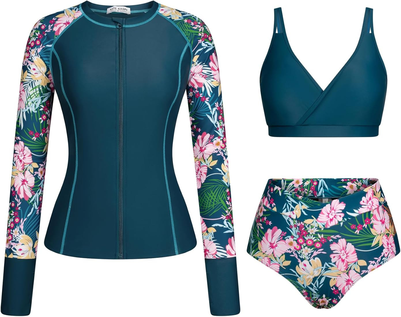 Kate Kasin Womens 3 Piece Rash Guard UPF 50+ Long Sleeve Swimsuits Zip Up Surfing Bathing Suits w... | Amazon (US)