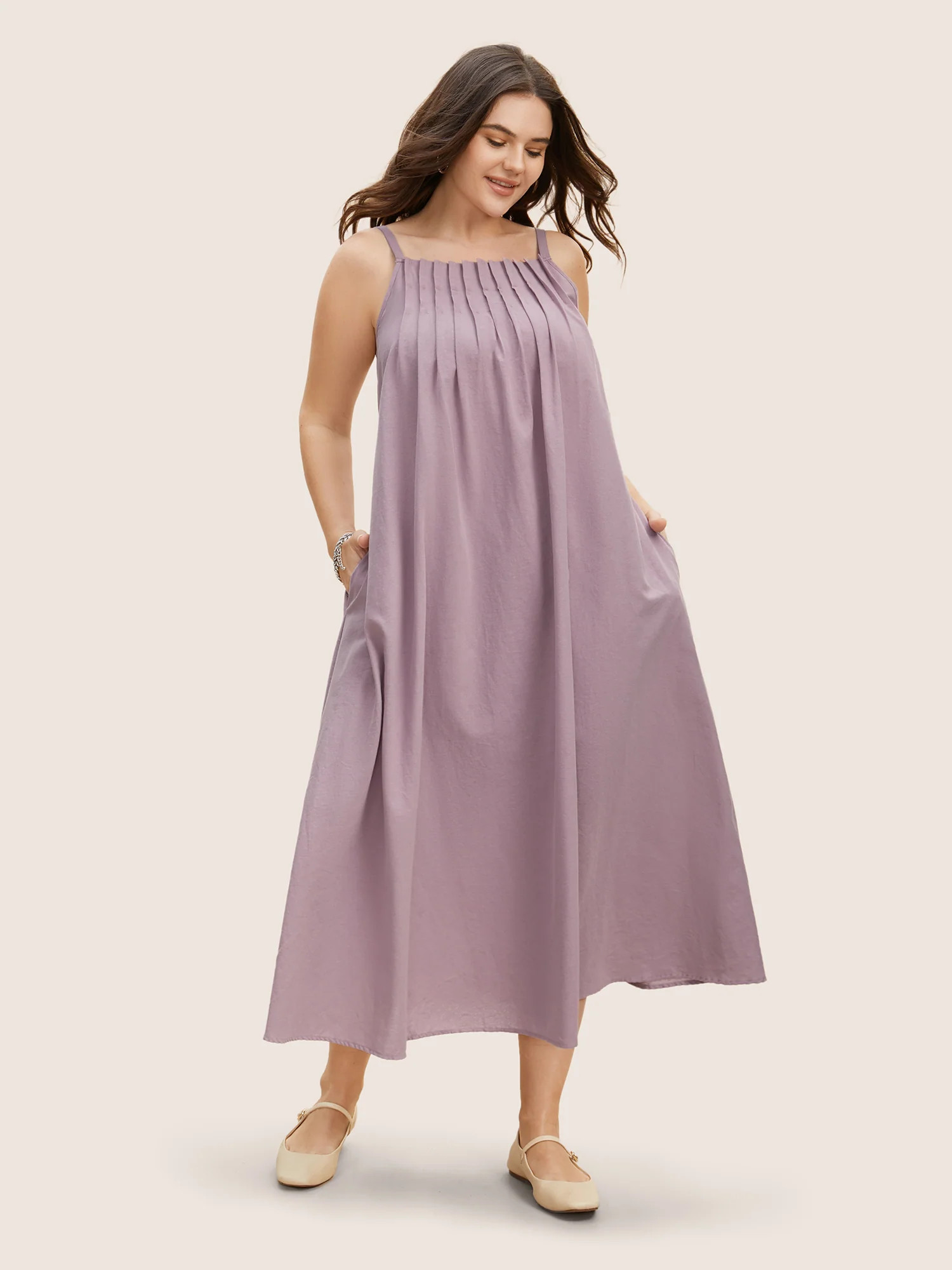 Cotton Plain Pleated Loose Fit Cami Dress | Bloomchic
