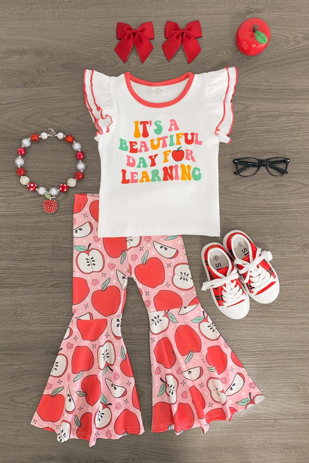 "It's A Beautiful Day For Learning" Pink Apple Bell Bottom Set | Sparkle In Pink