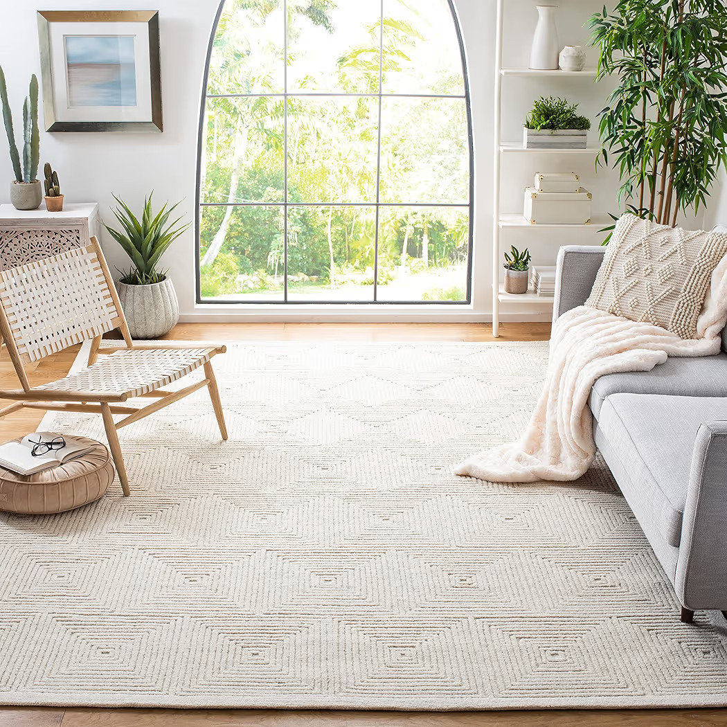 SAFAVIEH Textural Collection Area Rug - 9' x 12', Ivory, Handmade Wool, Ideal for High Traffic Ar... | Amazon (US)