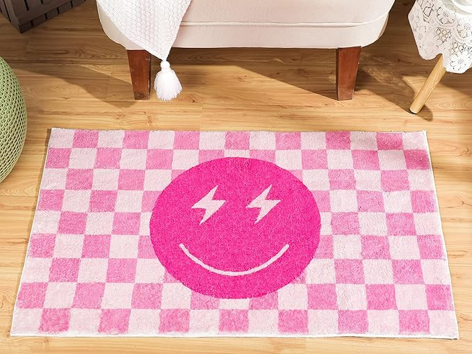 Demissle Pink Smile Face Rug Preppy Check Buffalo Plaid Funny Rug for Bedroom Contemporary Checke... | Amazon (US)
