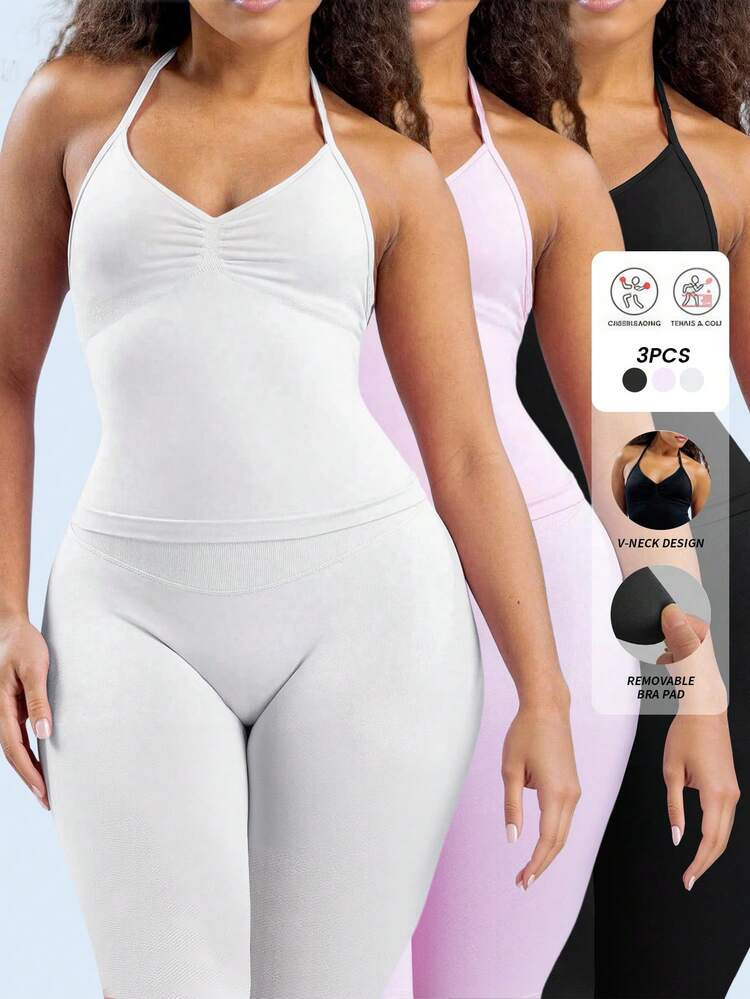 Yefecy 3 PCS New Impact Sports Yoga Vest Women's Fitness Yoga Top Gym Clothes Workout Backless Scrunch Built-In Bra With Cups Tops | SHEIN