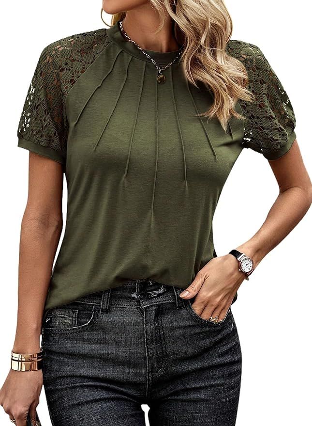 EVALESS Womens Fashion Tops Crewneck Sexy Patchwork Lace Short Sleeve Tee Shirts Casual Knitted B... | Amazon (US)