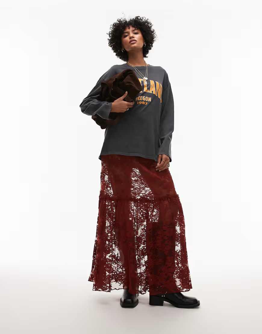 Topshop ruffle seam sheer lace maxi skirt in brown | ASOS (Global)