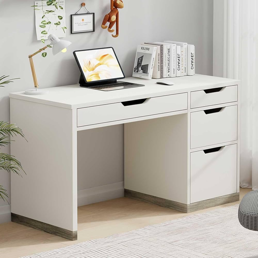 48 Inch White Desk with Drawers, Small Computer Desk with 4 Storage Drawers for Small Space, Home... | Amazon (US)