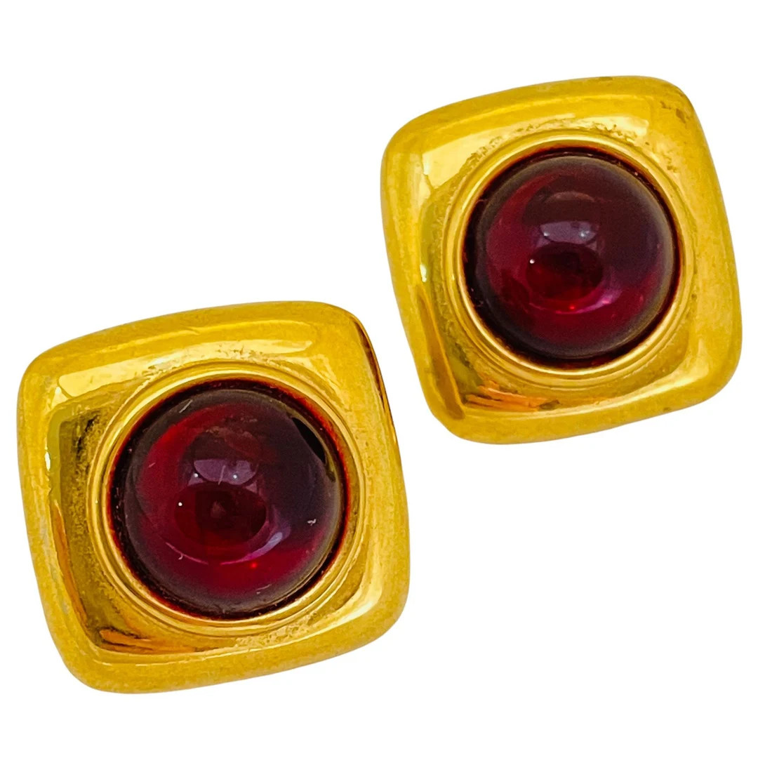 Vintage MONET Gold Red Glass Designer Runway Pierced Earrings - Etsy | Etsy (US)