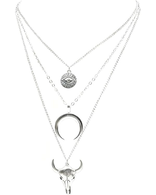 Boho Layered Necklace for Women Western Silver Cowgirl Necklace Evil Eye Moon Bull Head Chain Wes... | Amazon (US)
