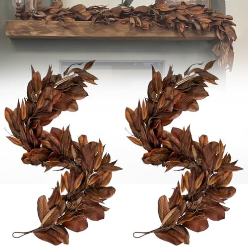 Brown Magnolia Leaf Garland, Realistic Magnolia Leaf Garland, 6ft. Autumn Magnolia Leaf, for Fireplace Mantel, Fall Decoration, Indoor and Outdoor Home Deco (2 PCS) | Amazon (US)