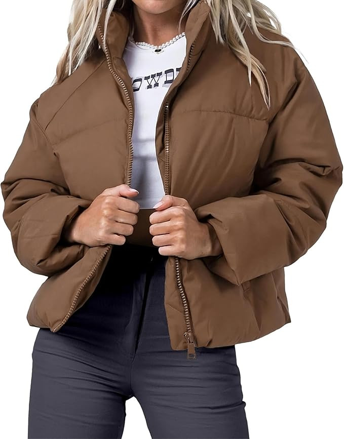 Women's Puffer Jacket Lightweight Oversized Long Sleeve Full Zipper Baggy Short Down Coats with P... | Amazon (US)