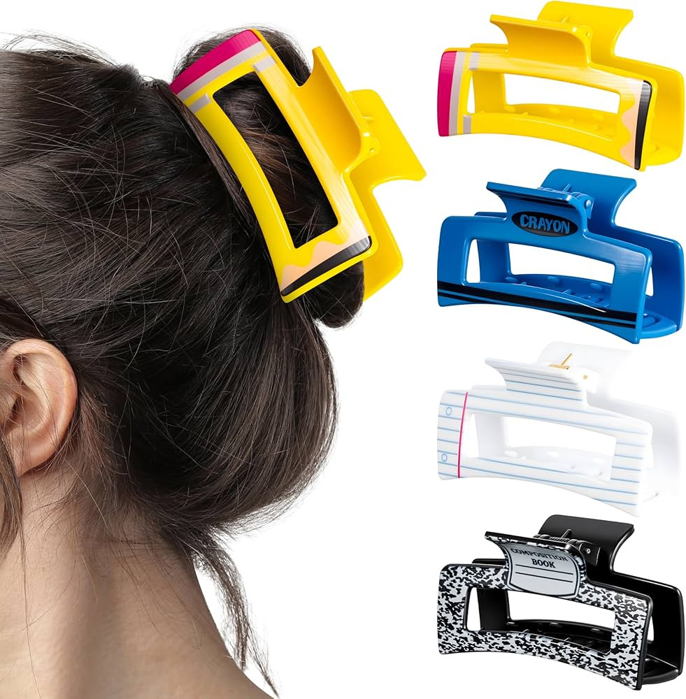 4 Pack Teacher Appreciation Hair Claw Clips - Pencil Notebook Composition Book Crayons Rectangle ... | Amazon (US)
