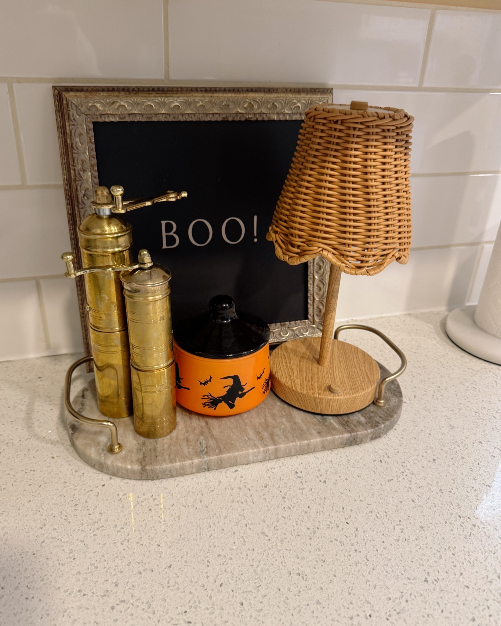 Fall kitchen counter decor styling! Mini rattan lamps and brass salt and pepper mills

#LTKHome #LTKSeasonal #LTKStyleTip