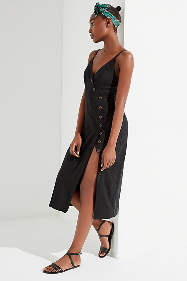 UO Amber Button-Down Linen Midi Dress - Black XS at Urban Outfitters | Urban Outfitters (US and RoW)