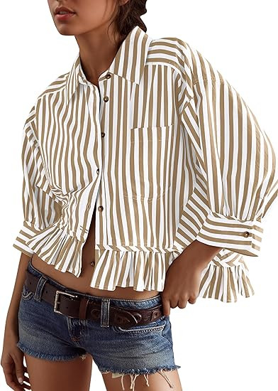 Womens 3/4 Length Sleeve Striped Button Down Shirt Loose Fit Drop Shoulder Trendy Ruffle Hem Stri... | Amazon (US)