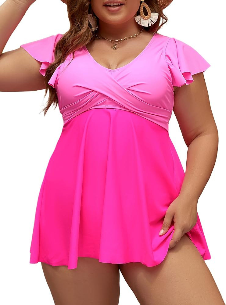 Edelqual Women's Plus Size Tankini Swimsuits Swim Dress Tummy Control Bathing Suits Two Piece Hig... | Amazon (US)