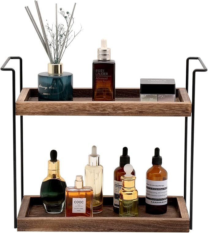 2 Tier Bathroom Counter Organizer, Standing Rack Cosmetic Holder, Bathroom Wood Tray for Countert... | Amazon (US)