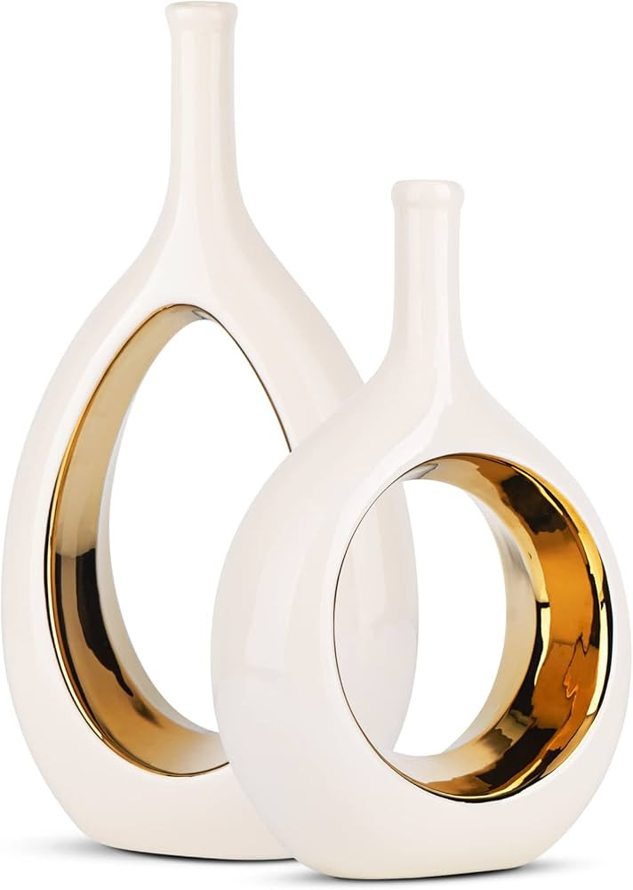 White and Gold Vase Ceramic White Vases Home Decor,Modern Minimalist Circle with Hole Decorative ... | Amazon (US)