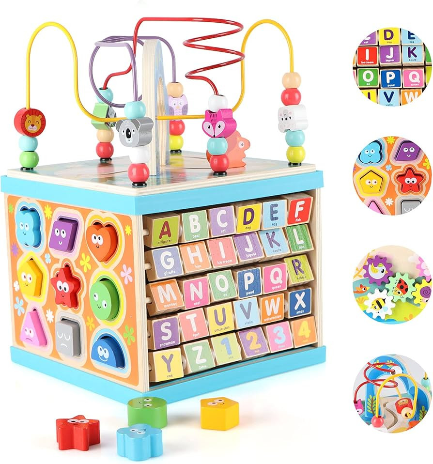 Qilay Wooden Activity Cube for Toddlers 1-3 (Large), 5 in 1 Multipurpose ABC-123 Abacus Bead Maze... | Amazon (US)