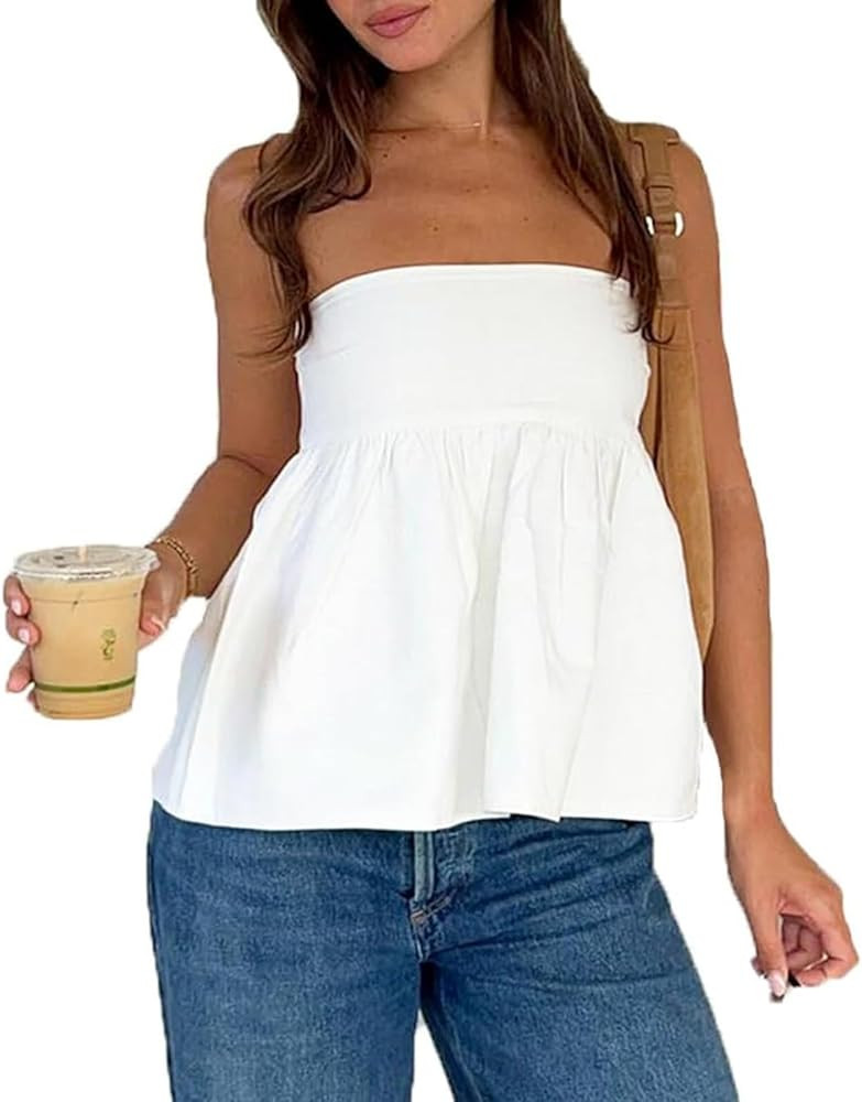 Women's Y2k Summer Tube Top Strapless Babydoll Shirts Flared Hem Peplum Going Out Bandeau Tops | Amazon (US)