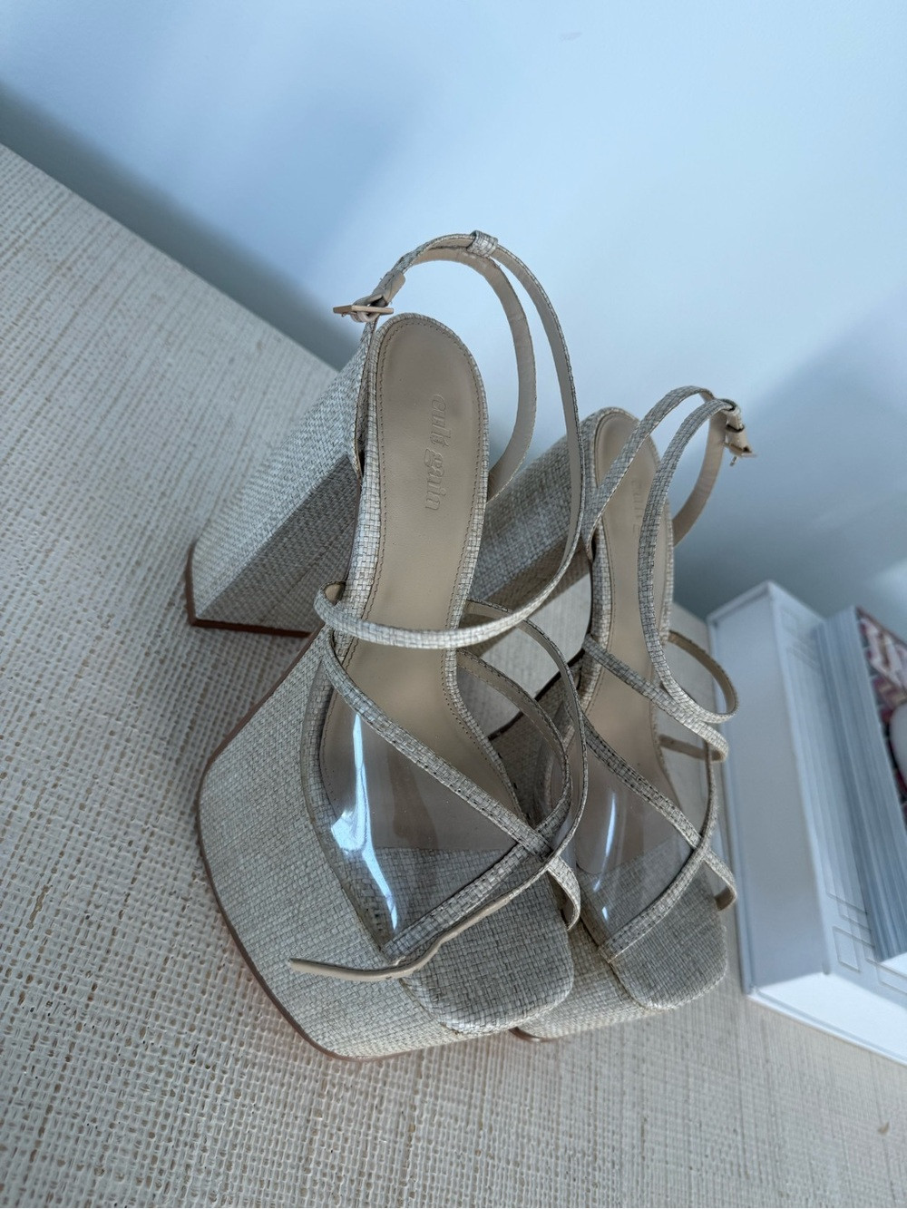 cult gaia Beige Linen-Look Platform Sandals with Clear Straps | Poshmark