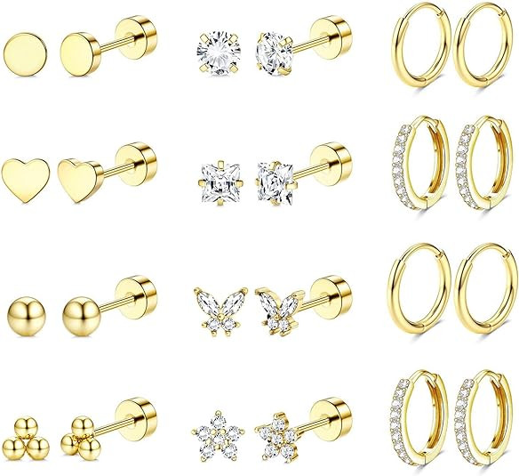 Jstyle Hypoallergenic Surgical Steel Earrings for Sensitive Ears 14K Gold Flat Back Earrings for ... | Amazon (US)