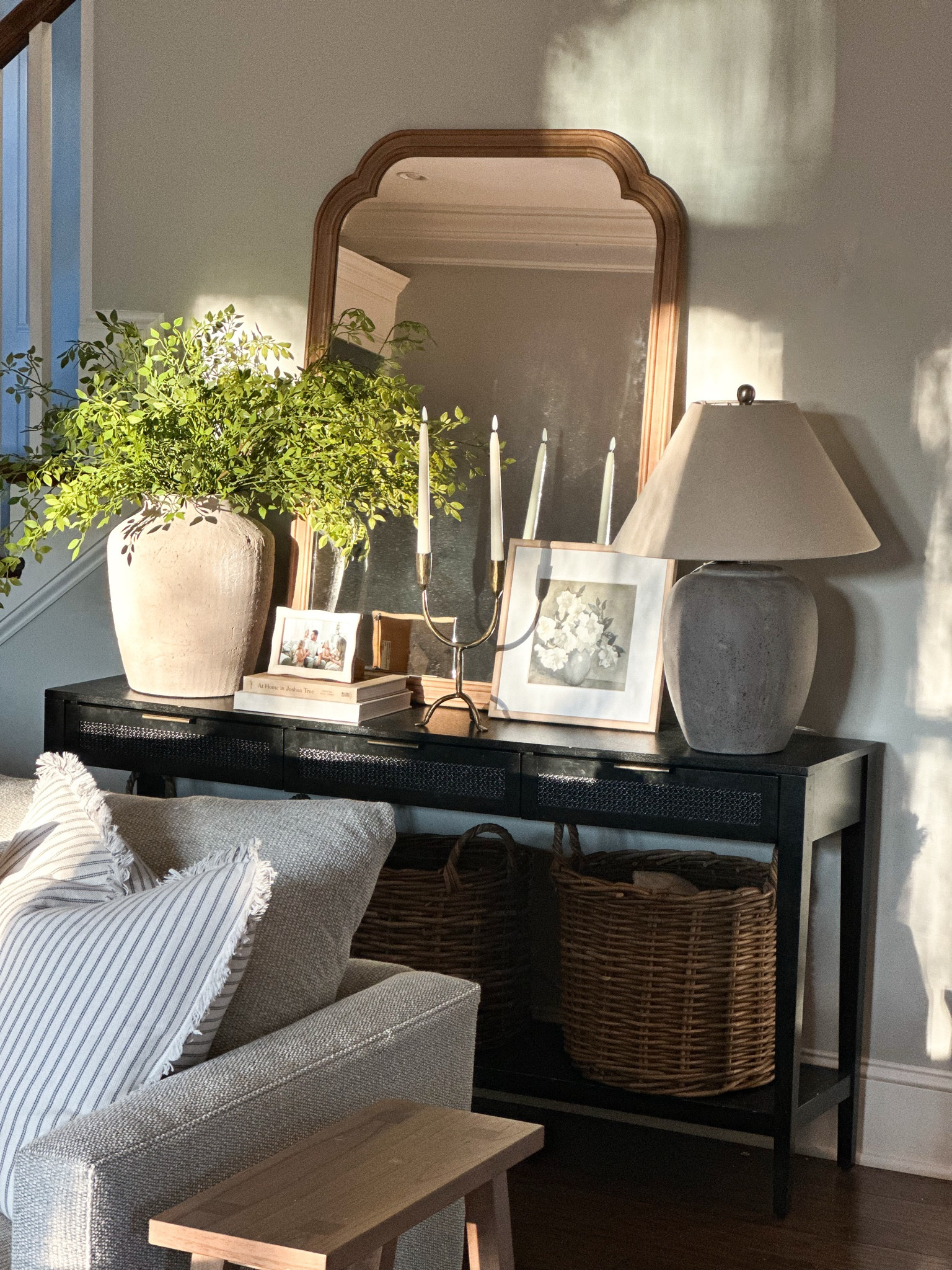 Console table styling, living room decor, large lamp, faux florals 

#LTKStyleTip #LTKHome #LTKSeasonal