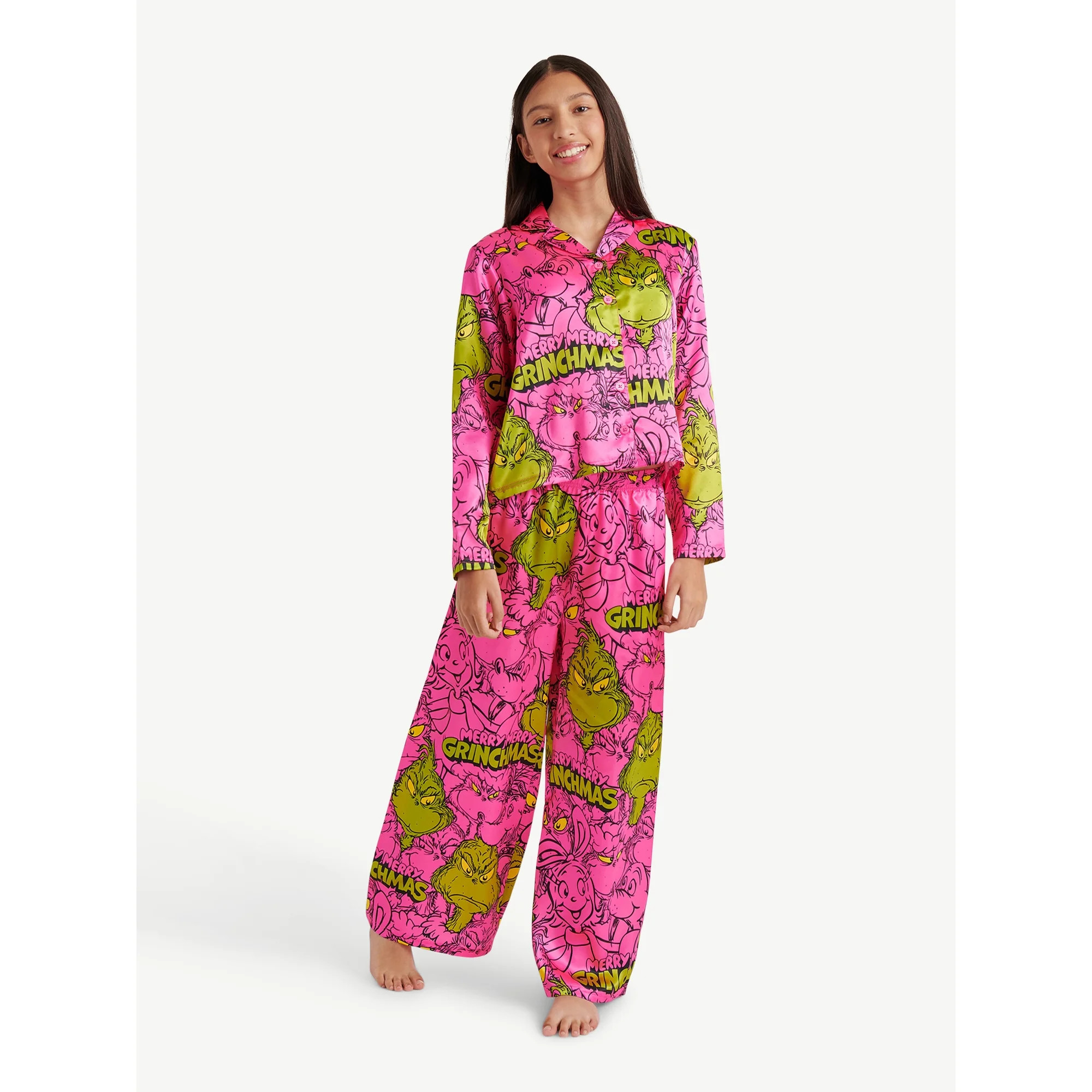 Justice x Grinch Girls Long Sleeve Notch Collar Sleep Top and Sleep Pants, 2-Piece, Sizes 4-18 | Walmart (US)