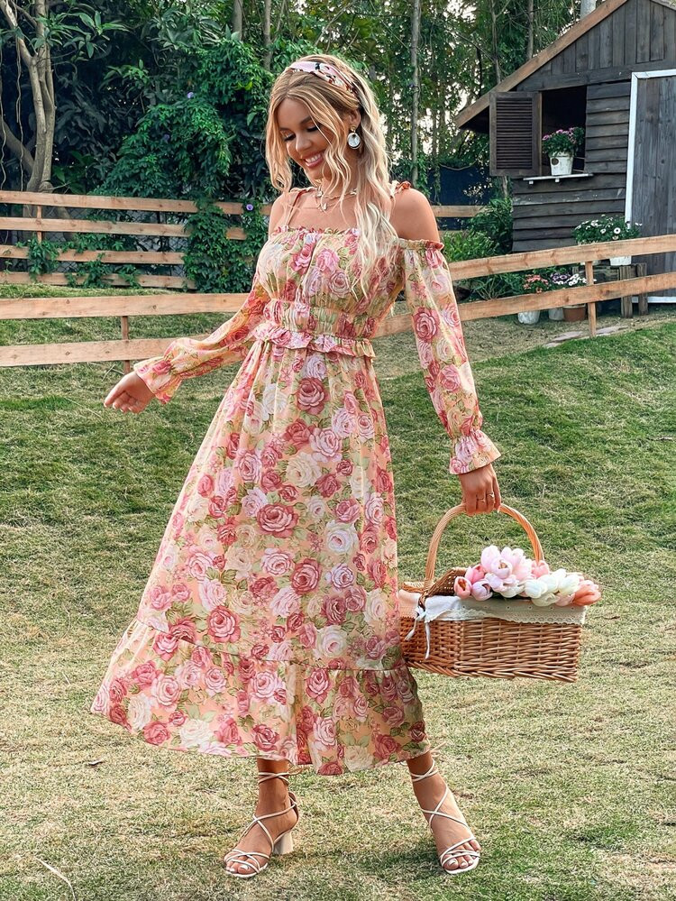 Random Floral Print Flounce Sleeve Knot Shoulder Ruffle Hem Dress | SHEIN