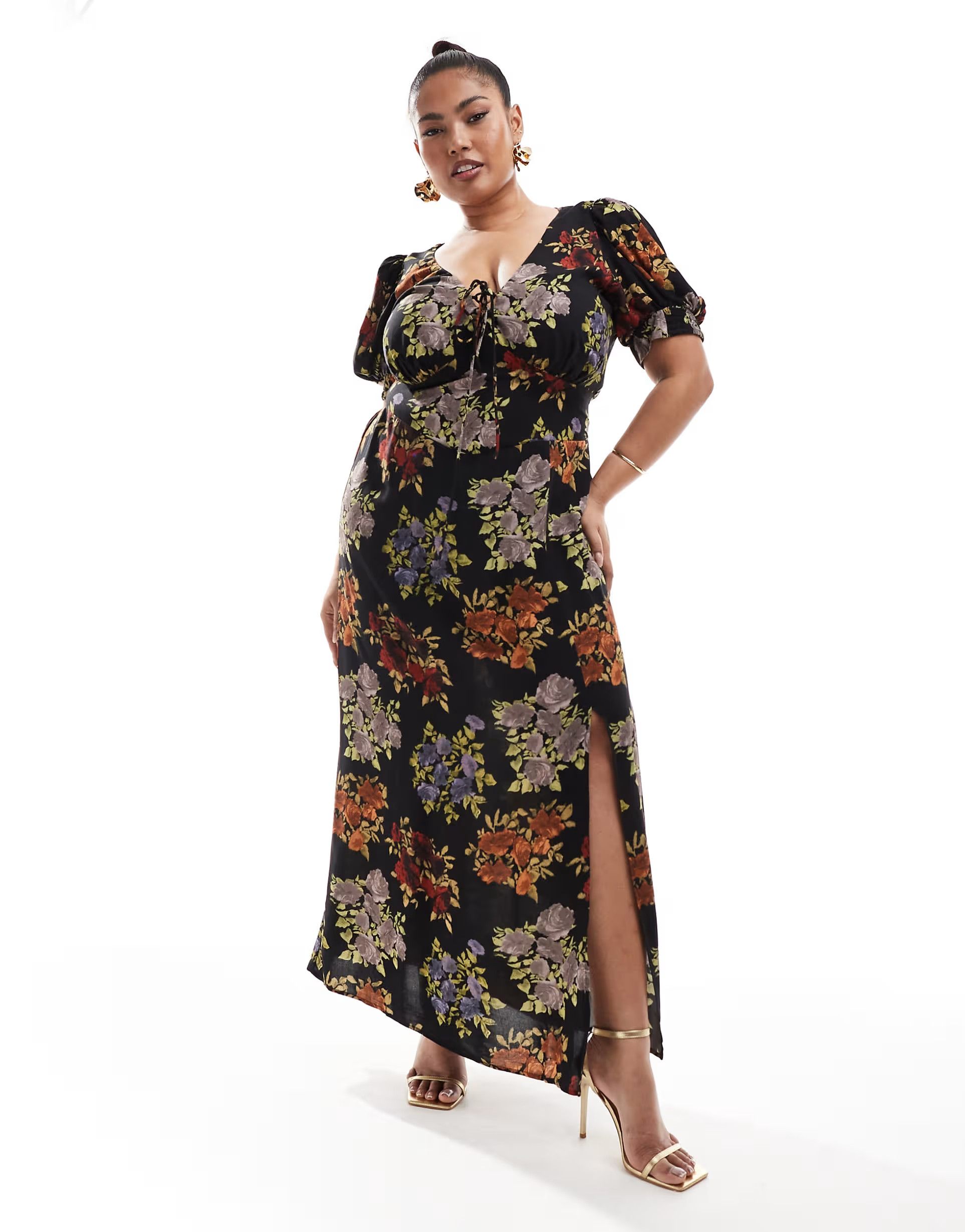 ASOS DESIGN Curve puff sleeve lace up midi dress in black vintage floral | ASOS (Global)