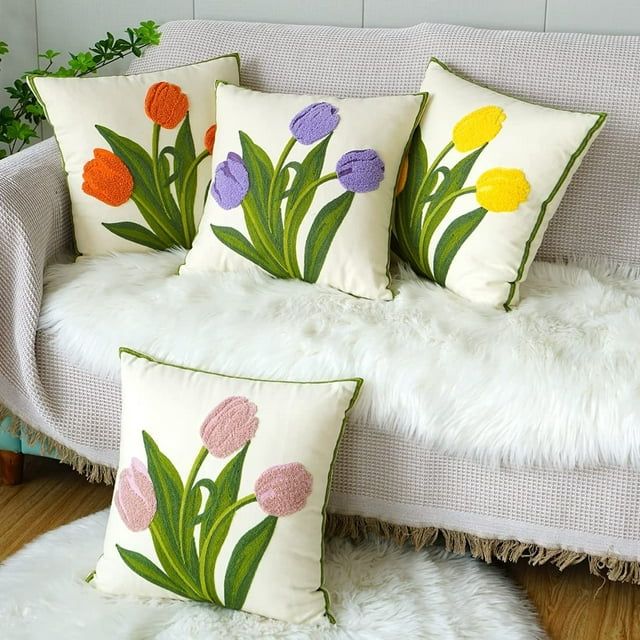 Farmhouse Tulip Cotton Tufted Throw Pillow Cover Spring Floral Embroidery Pillowcase Soft Square ... | Walmart (US)