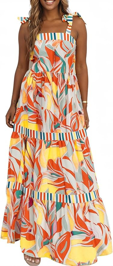 AlvaQ Women's 2025 Summer Sleeveless Floral Print Maxi Dress Strap Square Neck Beach Sun Dress | Amazon (US)