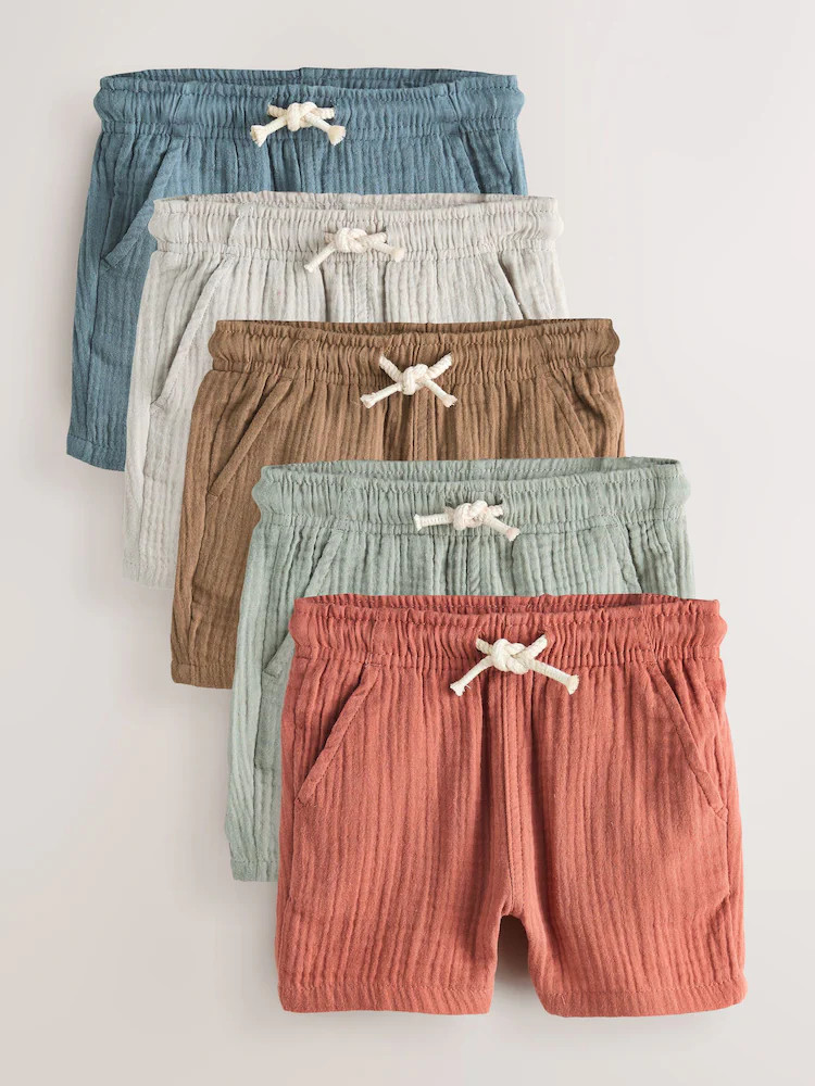 Neutral/Brown/Red/Blue/Sage Green Soft Textured Pull On Shorts 5 Pack (3mths-7yrs) | Next US