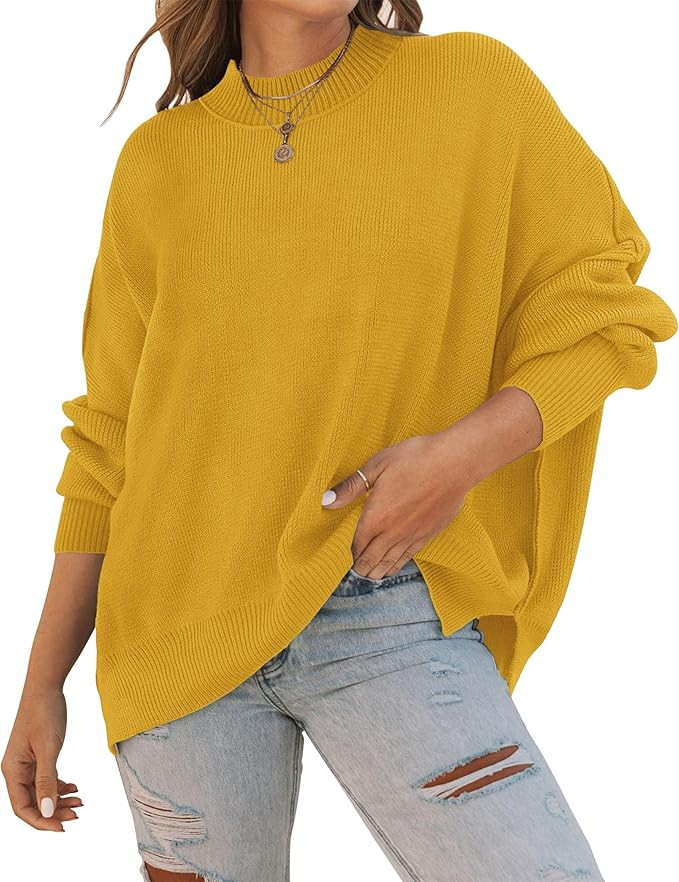 ZESICA Women's 2023 Fall Casual Long Sleeve Crew Neck Side Slit Oversized Ribbed Knit Pullover Sw... | Amazon (US)