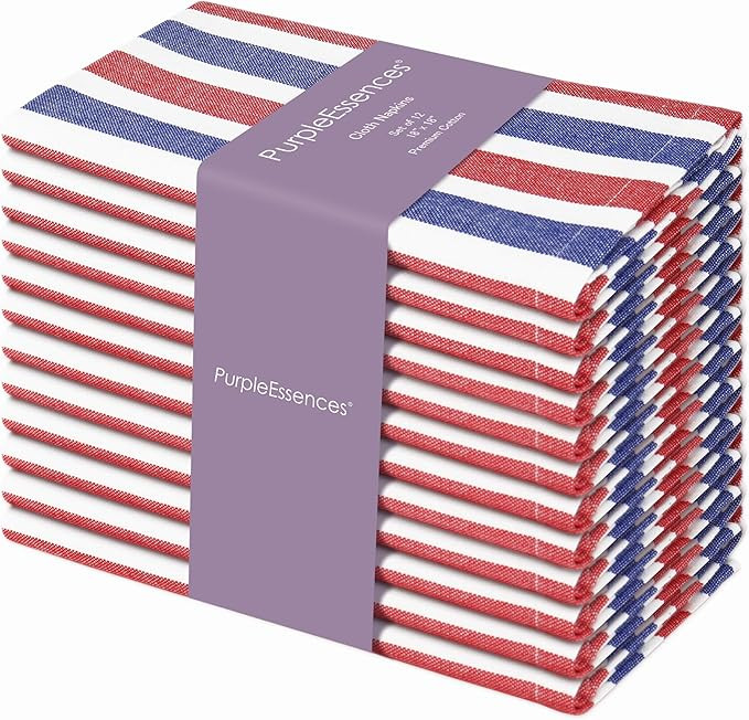 PurpleEssences 4th of July Plain Striped Cloth Napkins - Set of 12-100% Cotton - 18 x 18 Inch - P... | Amazon (US)