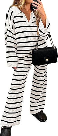 ZESICA Women's 2 Piece Sets Fall Casual Striped Long Sleeve V Neck Knit Sweater Tops and Wide Leg... | Amazon (US)