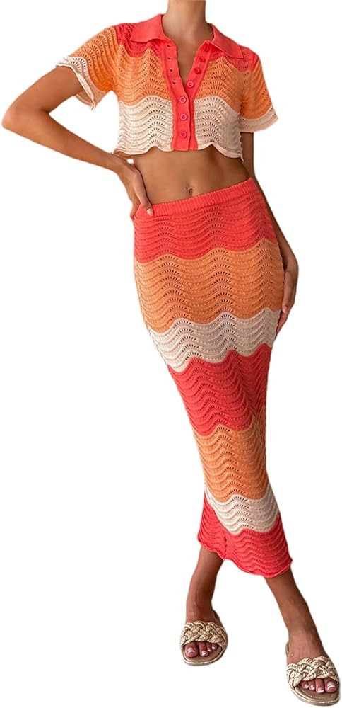 WOBONIU Women Crochet Knit 2Pcs Outfits Set Short Sleeve Cardigan Button Crop Tops High Waist Bod... | Amazon (US)