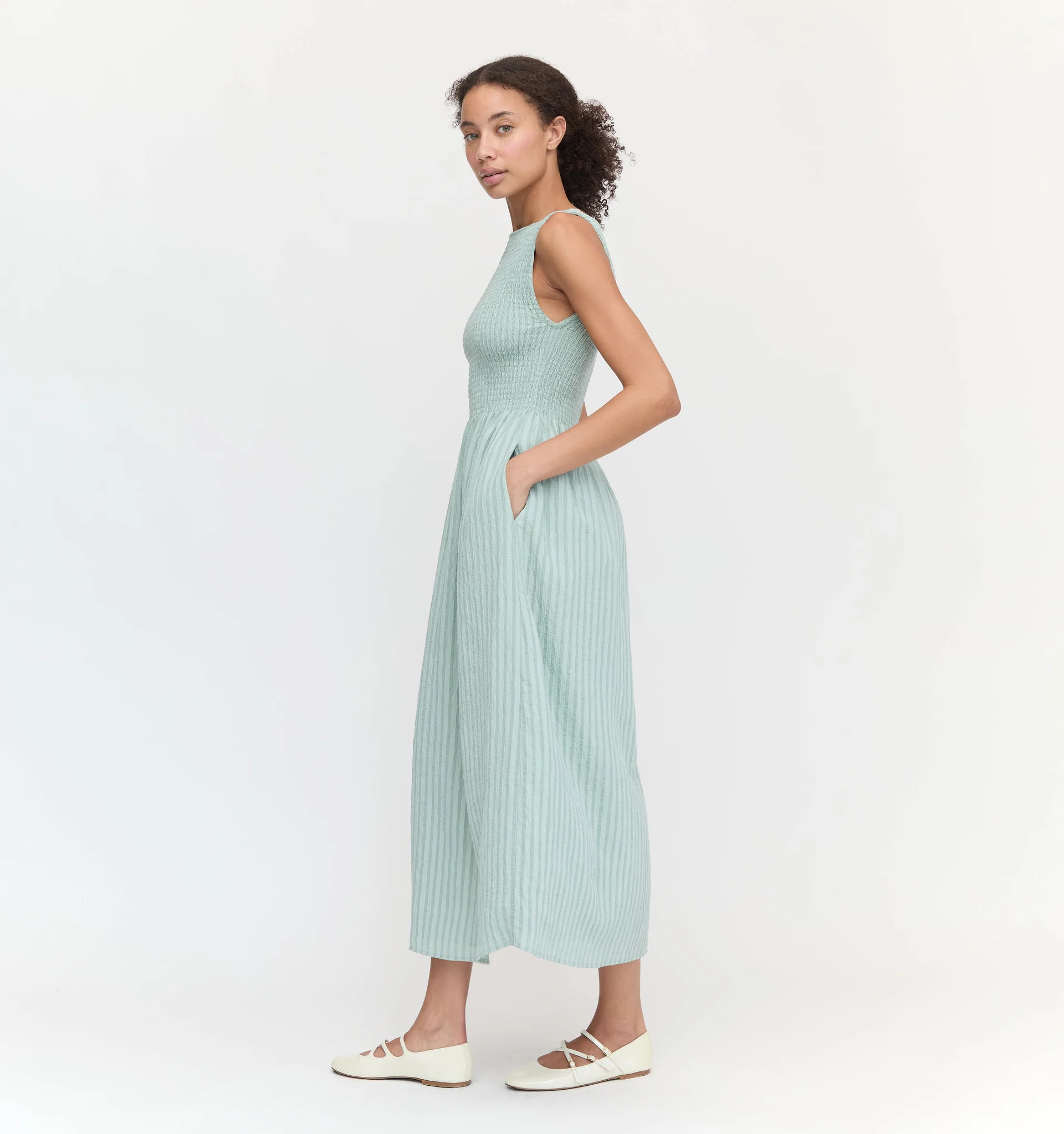 The Cosima Nap Dress - Soft Green Tonal Seersucker | Hill House Home US