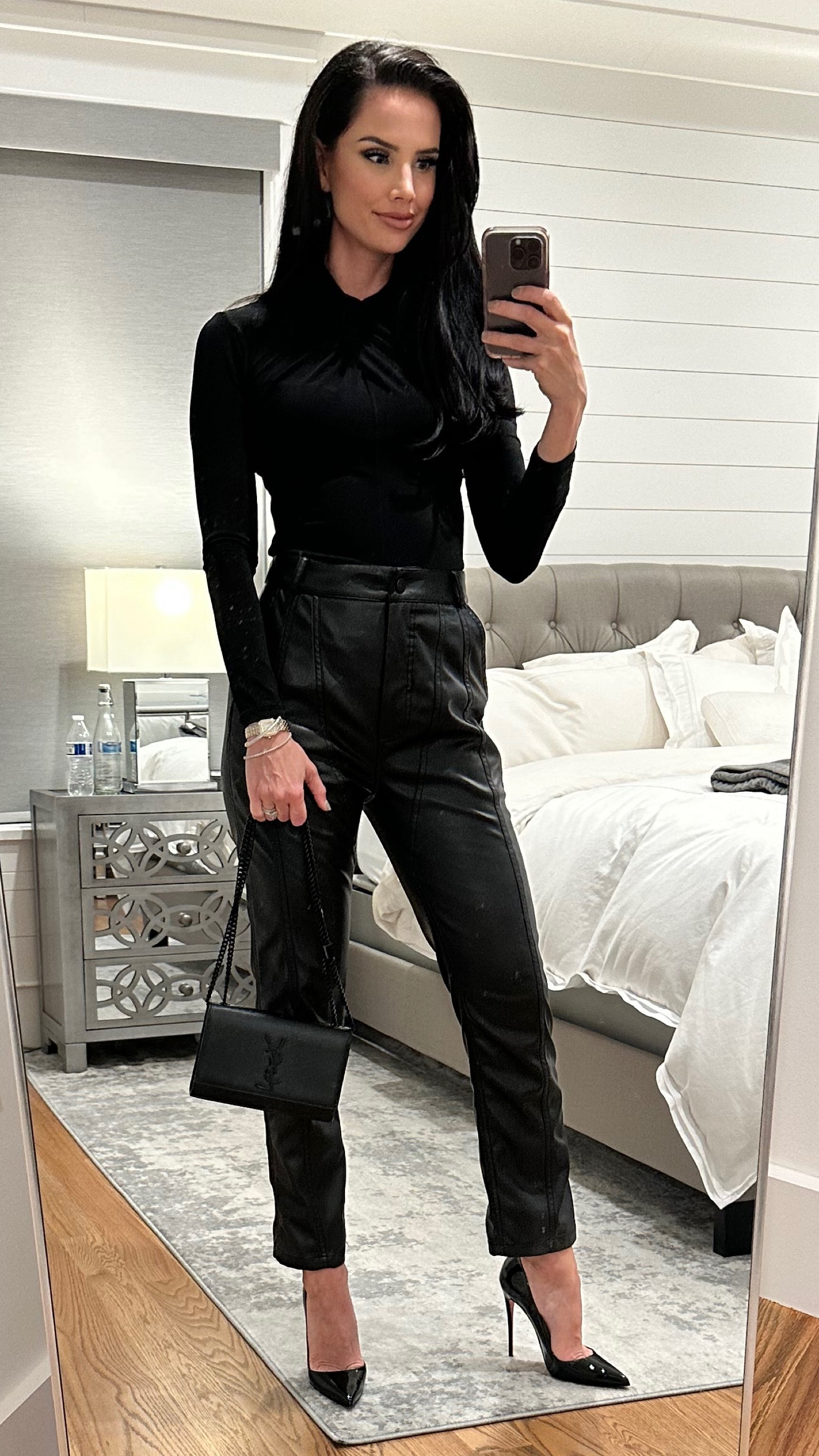 Fall date night outfit. Black leather pants, black criss cross long sleeve top, and black heels. 

#LTKitbag #LTKstyletip #LTKshoecrush