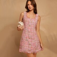Button Raw Hem Tweed Dress | SHEIN